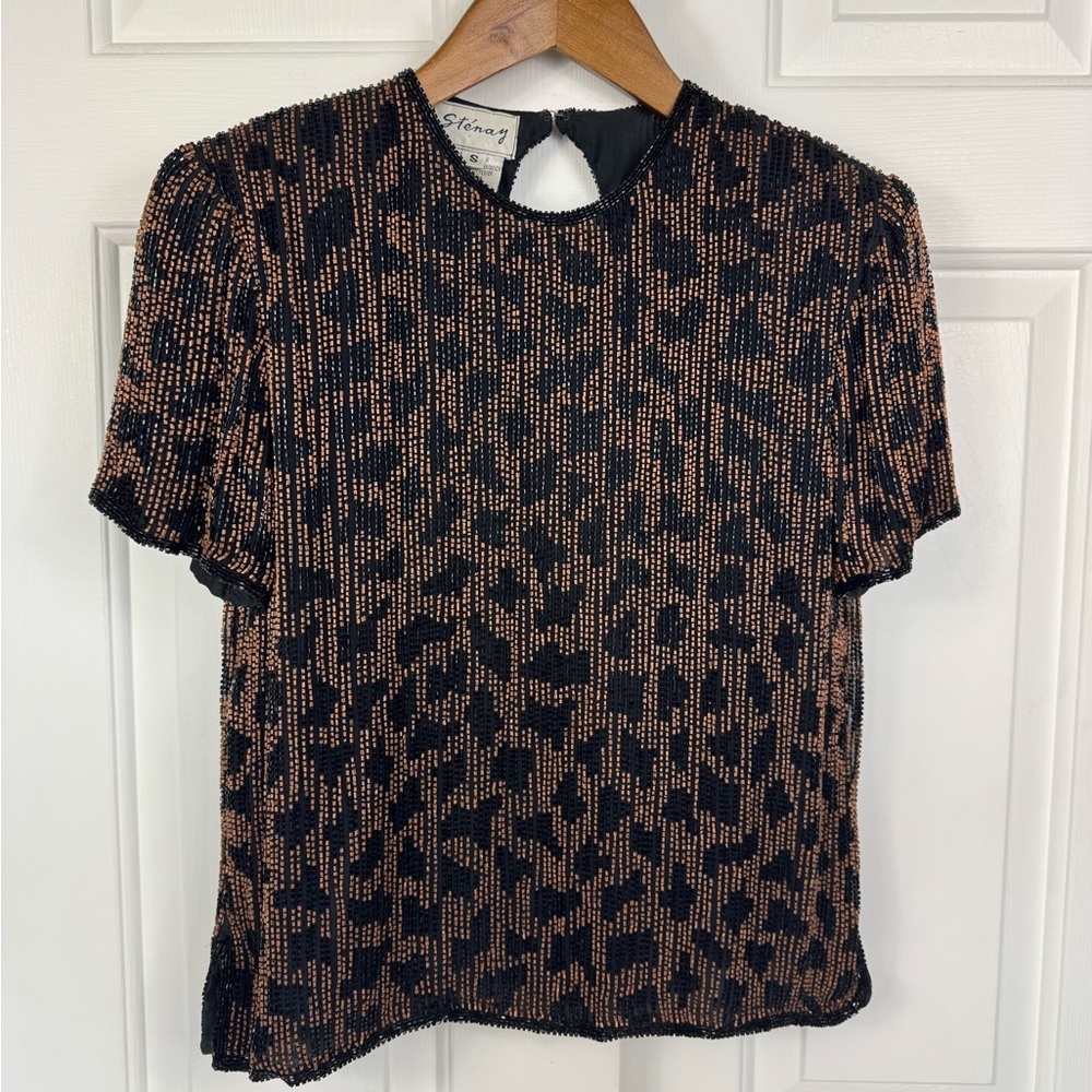 Vtg 80's Stenay Black & Gold Sequin Beaded Blouse Top Holiday Size Small